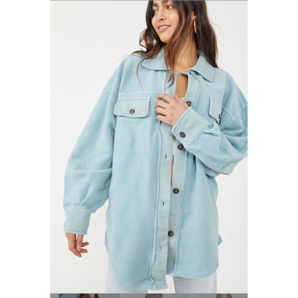 Free People FP Movement Womens Large Distressed Ruby Shacket in Light Blue RARE